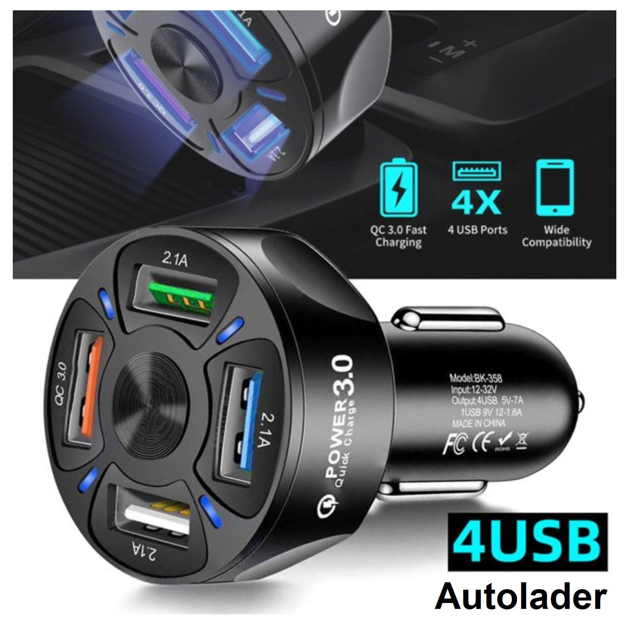 4 USB Poorten Autolader 48W - Geschikt voor alle apparaten